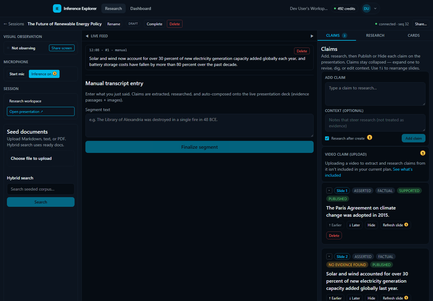 Inference Explorer control room showing published claims with Supported and No Evidence Found assessments