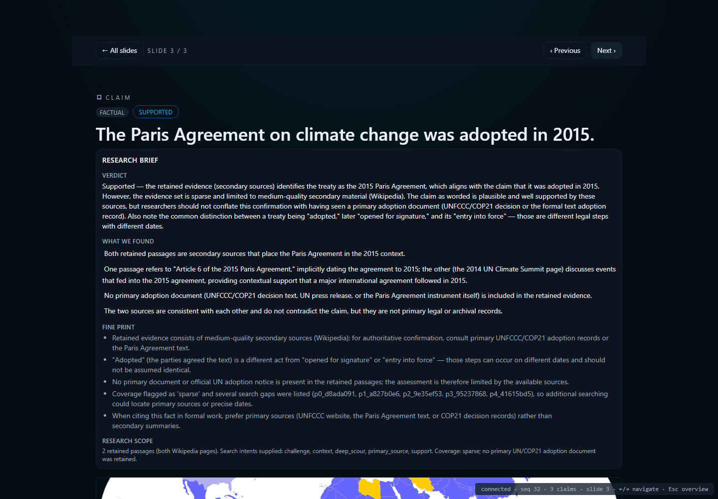 Presentation view showing a claim's research brief, verdict, and evidence-based confidence marker